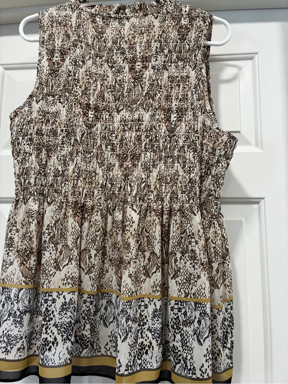 Rose & Olive Brown, Cream and Gold Snake-Print Smocked Peplum Camisole